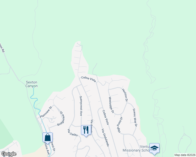 map of restaurants, bars, coffee shops, grocery stores, and more near 1184 Colina Vista in Ventura