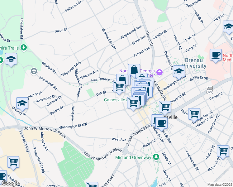 map of restaurants, bars, coffee shops, grocery stores, and more near 326 Clarendon Court in Gainesville