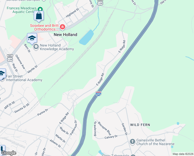 map of restaurants, bars, coffee shops, grocery stores, and more near 1195 East Ridge Road in Gainesville