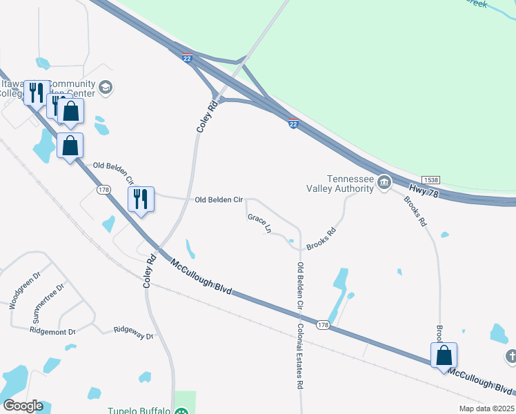 map of restaurants, bars, coffee shops, grocery stores, and more near 2999 Old Belden Circle in Tupelo