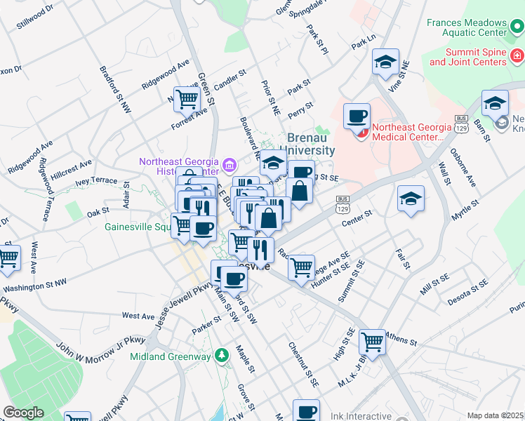 map of restaurants, bars, coffee shops, grocery stores, and more near 404 Spring Street Southeast in Gainesville