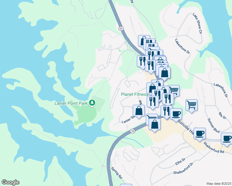 map of restaurants, bars, coffee shops, grocery stores, and more near 1445 Bluff Valley Circle in Gainesville