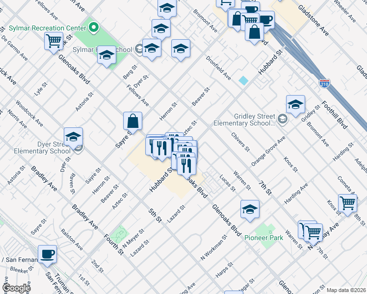 map of restaurants, bars, coffee shops, grocery stores, and more near 14023 Hubbard Street in Los Angeles