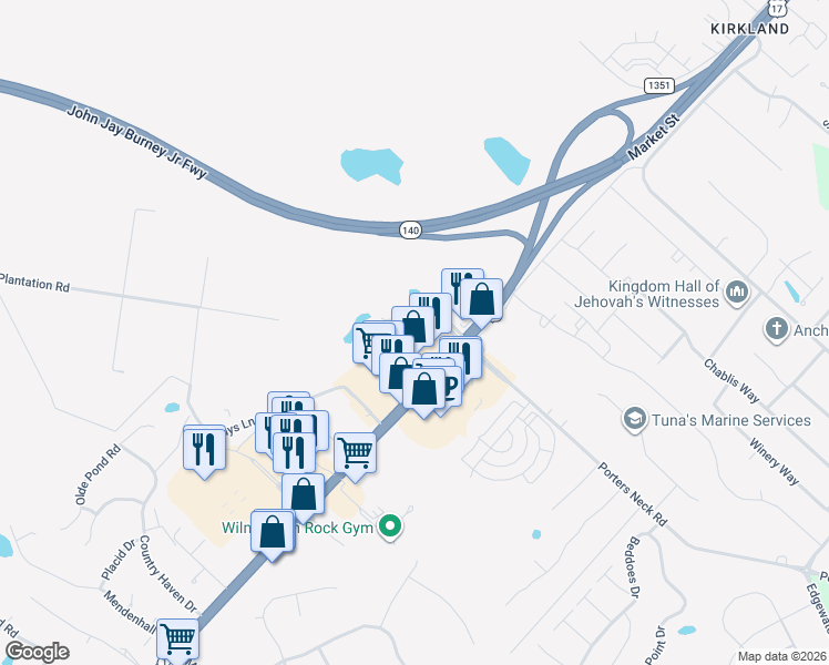 map of restaurants, bars, coffee shops, grocery stores, and more near 178 Porters Neck Road in Wilmington