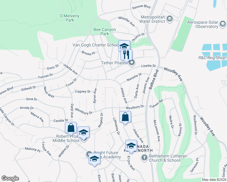 map of restaurants, bars, coffee shops, grocery stores, and more near 17164 Braxton Street in Los Angeles