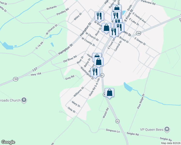 map of restaurants, bars, coffee shops, grocery stores, and more near 102 West Front Street in Iva