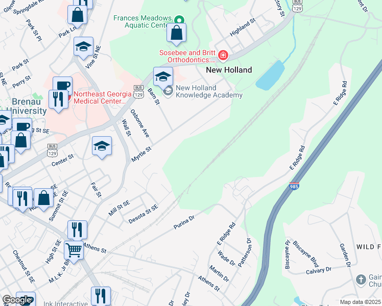 map of restaurants, bars, coffee shops, grocery stores, and more near 45 Branch Street in Gainesville