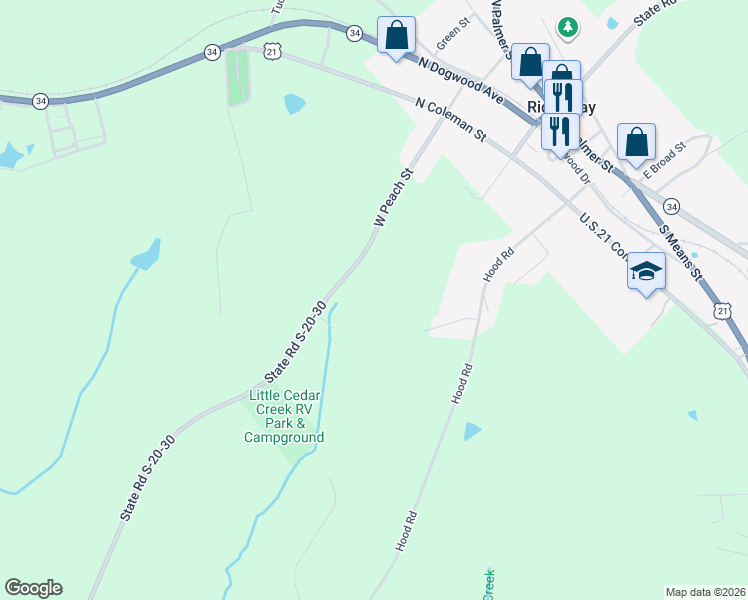 map of restaurants, bars, coffee shops, grocery stores, and more near 6694 East Peach Road in Ridgeway