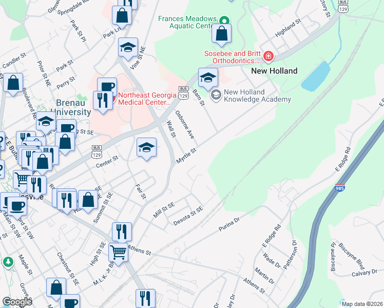 map of restaurants, bars, coffee shops, grocery stores, and more near 1222 Myrtle Street in Gainesville