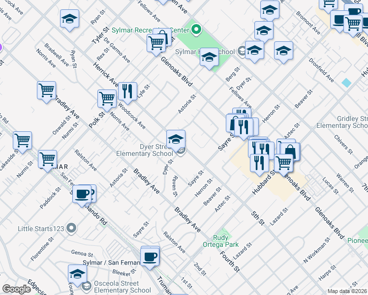 map of restaurants, bars, coffee shops, grocery stores, and more near Herrick Ave & Dyer St in Los Angeles
