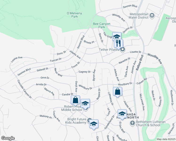 map of restaurants, bars, coffee shops, grocery stores, and more near 17315 Cagney Street in Los Angeles