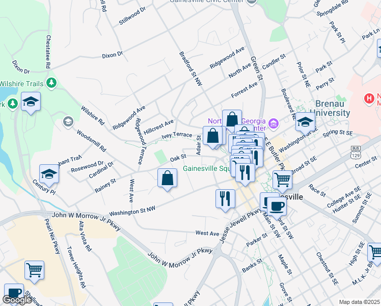 map of restaurants, bars, coffee shops, grocery stores, and more near 418 Oak Street in Gainesville