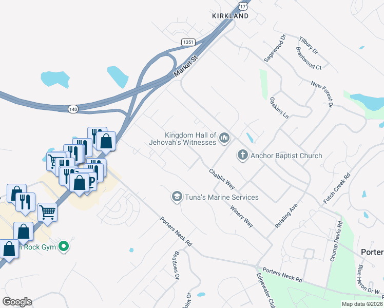 map of restaurants, bars, coffee shops, grocery stores, and more near 442 Chablis Way in Wilmington