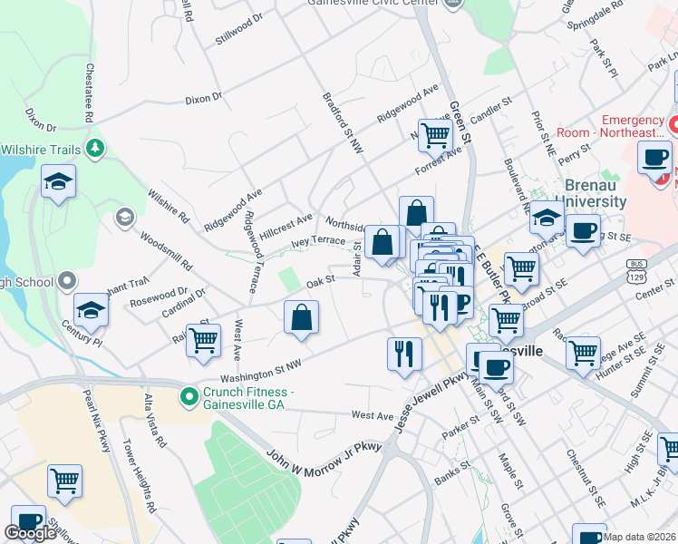 map of restaurants, bars, coffee shops, grocery stores, and more near 424 Oak Street in Gainesville