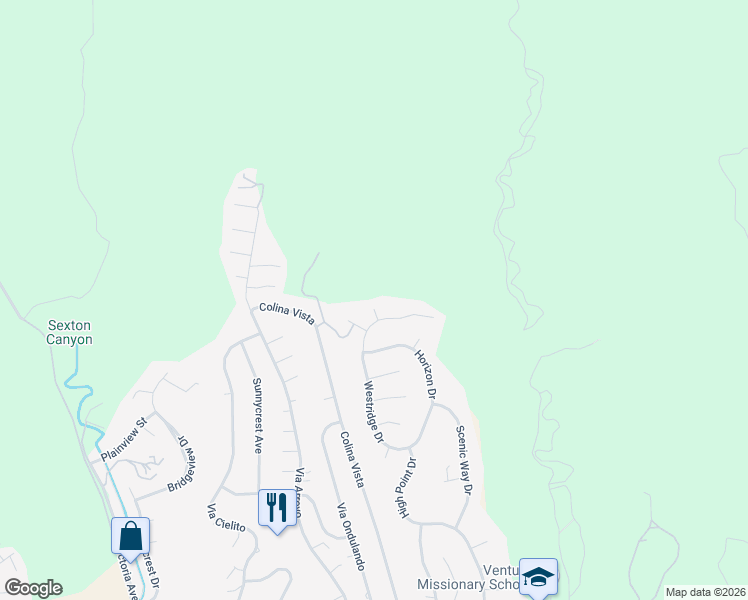 map of restaurants, bars, coffee shops, grocery stores, and more near 1217 Westridge Drive in Ventura