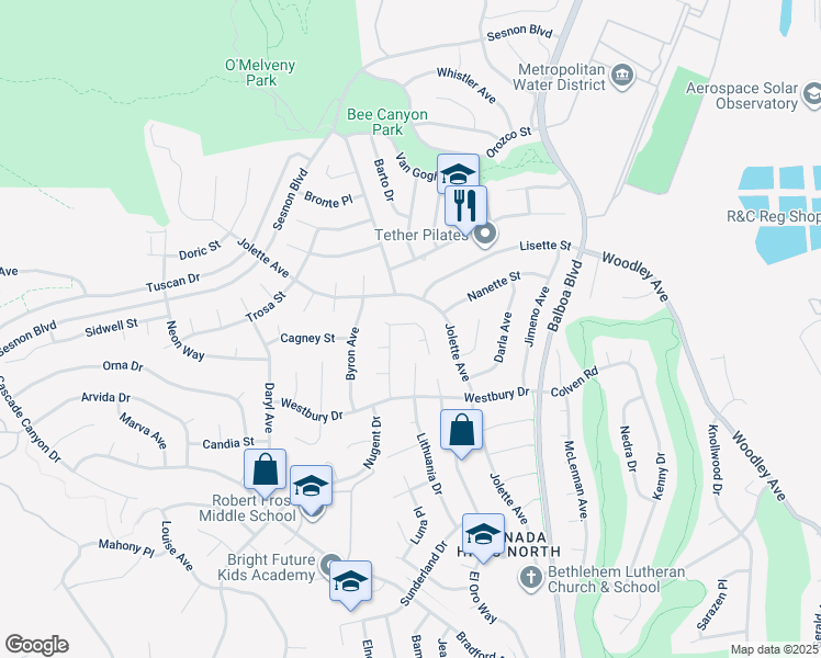 map of restaurants, bars, coffee shops, grocery stores, and more near 17208 Braxton St in Los Angeles