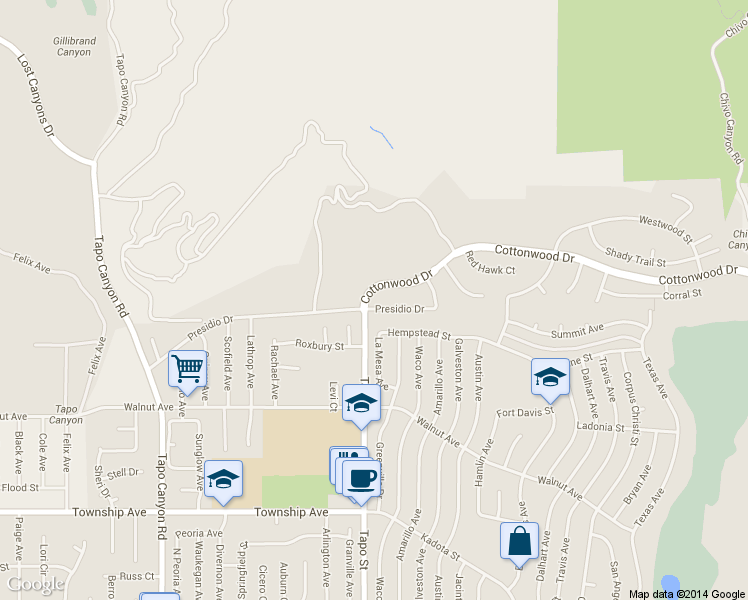 map of restaurants, bars, coffee shops, grocery stores, and more near 4405 Presidio Drive in Simi Valley