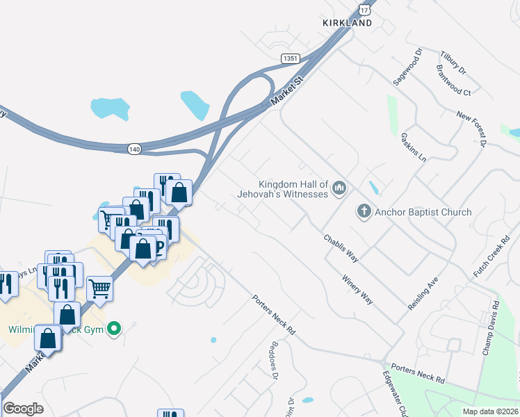 map of restaurants, bars, coffee shops, grocery stores, and more near 8437 Rosemary Lane in Wilmington