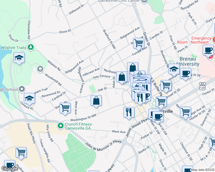 map of restaurants, bars, coffee shops, grocery stores, and more near 424 Oak Street in Gainesville