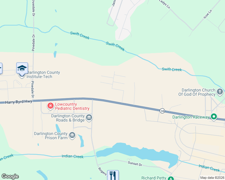 map of restaurants, bars, coffee shops, grocery stores, and more near 1500 Thomas Drive in Darlington