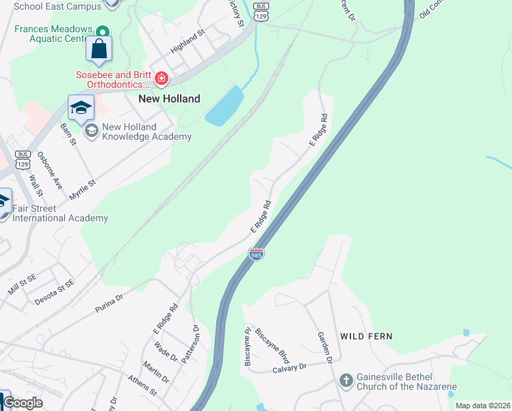 map of restaurants, bars, coffee shops, grocery stores, and more near 1195 East Ridge Road in Gainesville