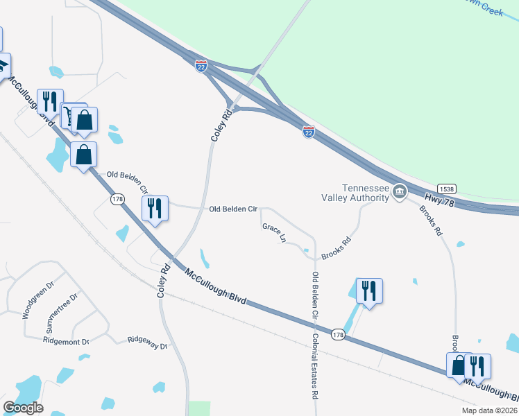 map of restaurants, bars, coffee shops, grocery stores, and more near 2952 Old Belden Circle in Tupelo