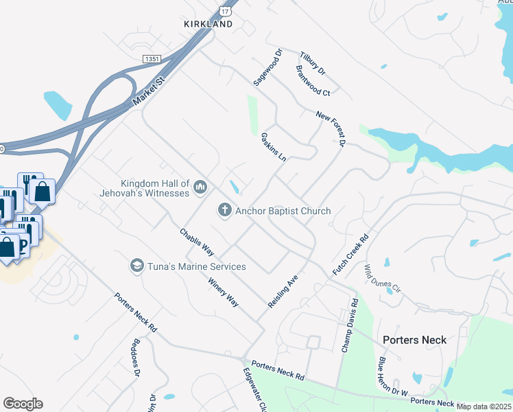 map of restaurants, bars, coffee shops, grocery stores, and more near 8608 Plantation Landing Drive in Wilmington