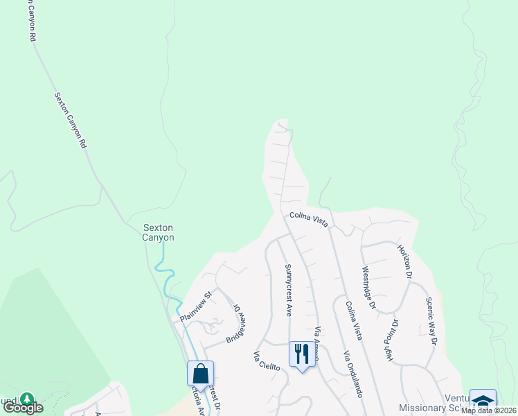 map of restaurants, bars, coffee shops, grocery stores, and more near 1251 Via Cielito in Ventura