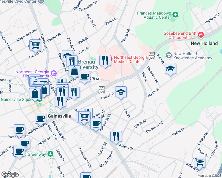map of restaurants, bars, coffee shops, grocery stores, and more near 432 Fair Street in Gainesville