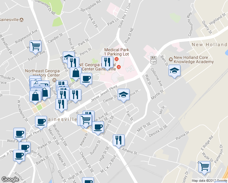 map of restaurants, bars, coffee shops, grocery stores, and more near 432 Fair Street in Gainesville