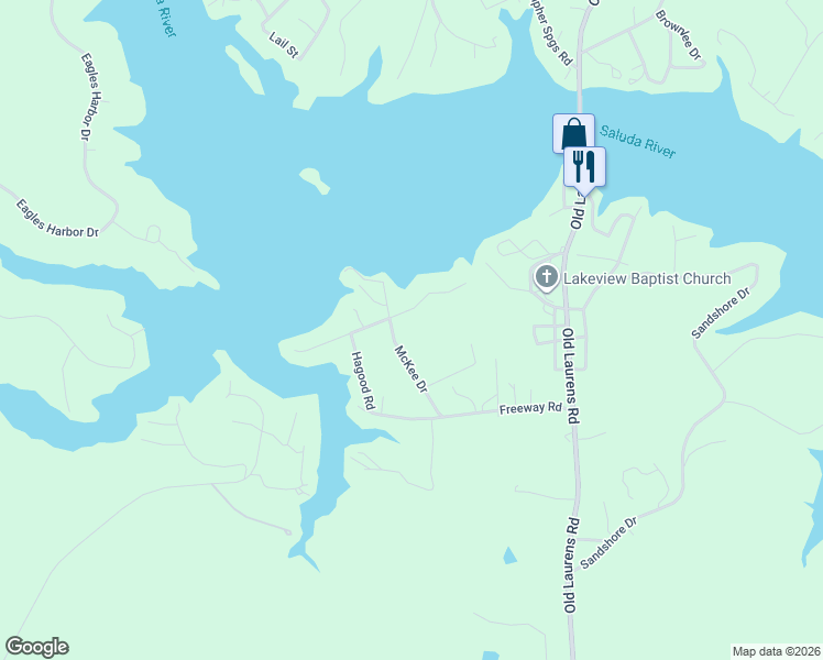 map of restaurants, bars, coffee shops, grocery stores, and more near 120 McKee Drive in Greenwood