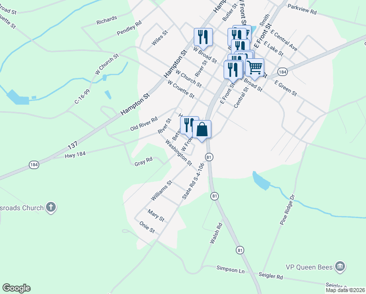 map of restaurants, bars, coffee shops, grocery stores, and more near 102 West Front Street in Iva