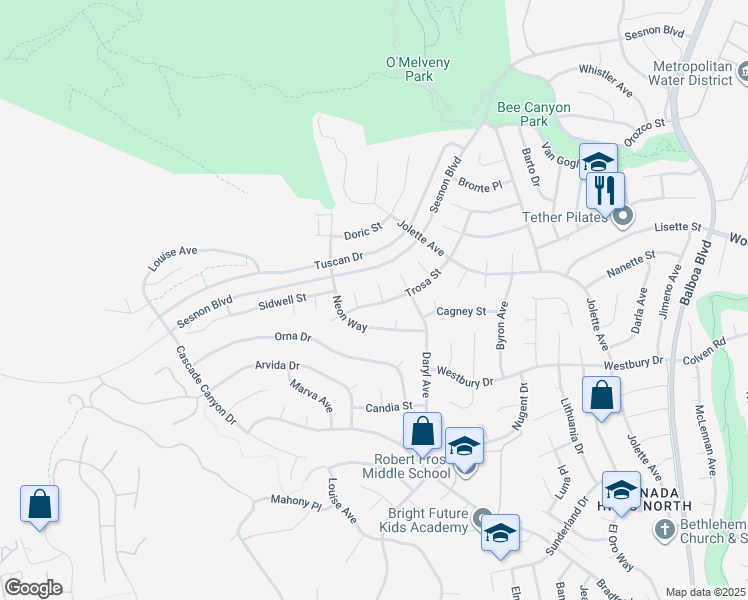 map of restaurants, bars, coffee shops, grocery stores, and more near 12701 Norlina Place in Los Angeles