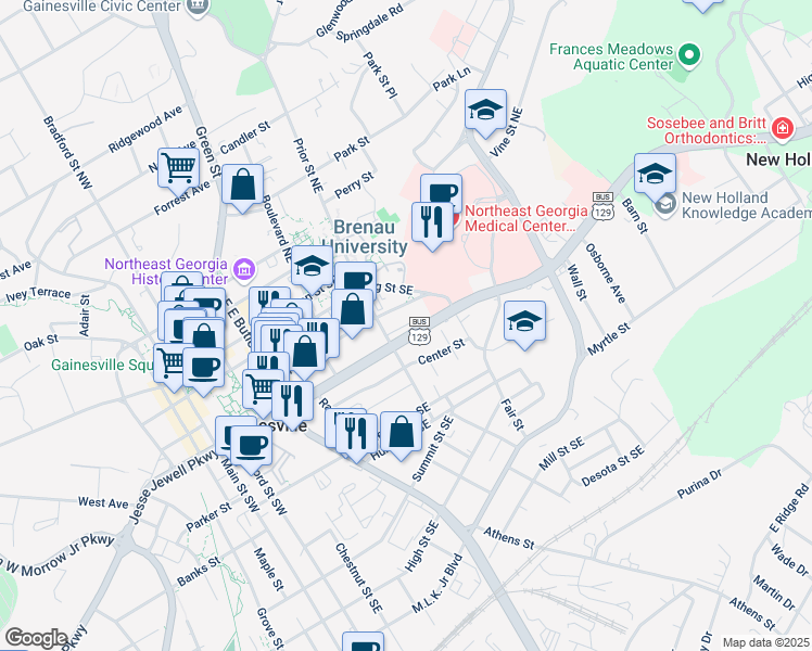 map of restaurants, bars, coffee shops, grocery stores, and more near 715 Jesse Jewell Parkway Southeast in Gainesville