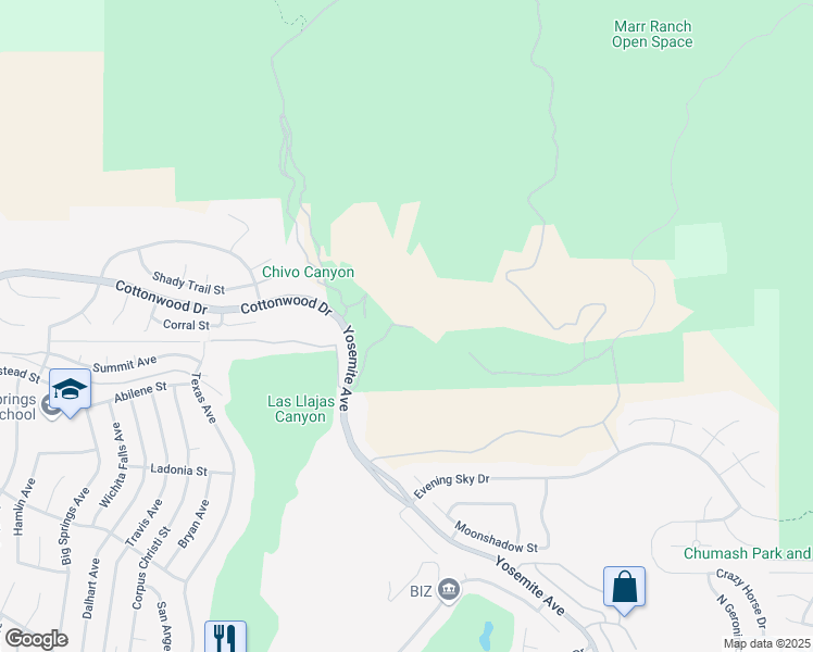 map of restaurants, bars, coffee shops, grocery stores, and more near Marr Ranch Road in Simi Valley