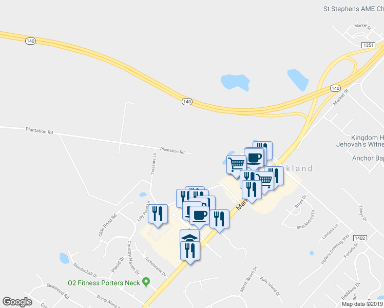 map of restaurants, bars, coffee shops, grocery stores, and more near 7501 Plantation Road in Wilmington