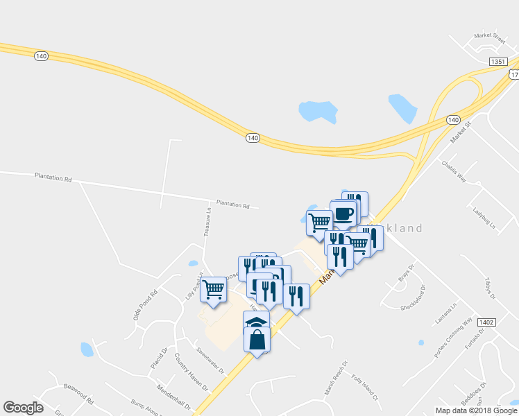 map of restaurants, bars, coffee shops, grocery stores, and more near 7737 Plantation Road in Wilmington