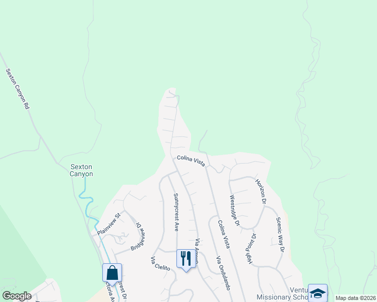 map of restaurants, bars, coffee shops, grocery stores, and more near 1249 Colina Vista in Ventura