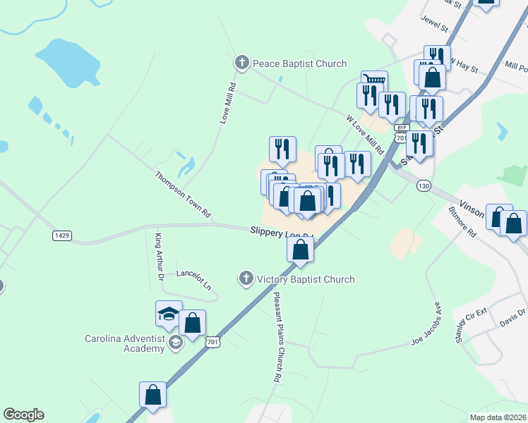 map of restaurants, bars, coffee shops, grocery stores, and more near 316 Columbus Corners Drive in Whiteville