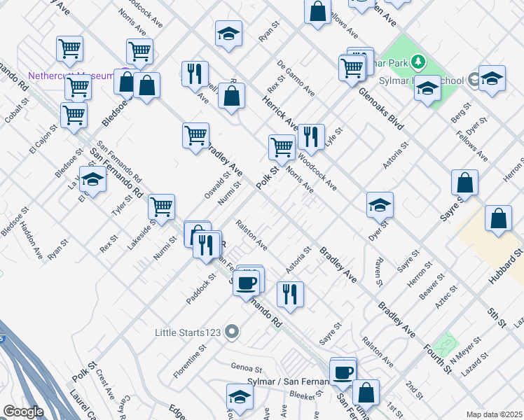 map of restaurants, bars, coffee shops, grocery stores, and more near 12739 Bradley Avenue in Los Angeles