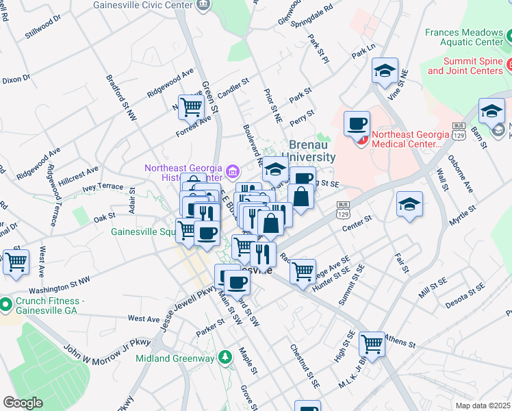 map of restaurants, bars, coffee shops, grocery stores, and more near 404 Spring Street Southeast in Gainesville