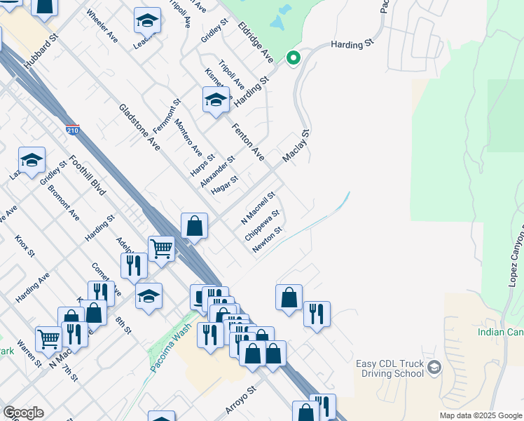 map of restaurants, bars, coffee shops, grocery stores, and more near 12913 North Macneil Street in Los Angeles
