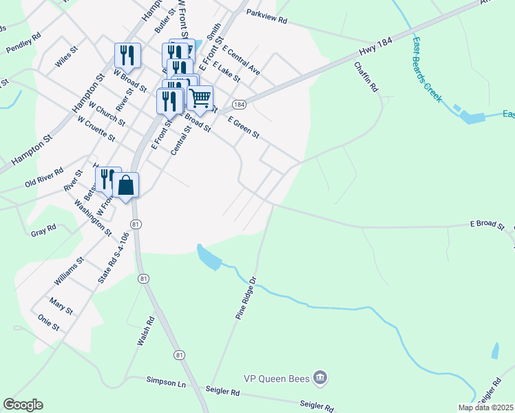 map of restaurants, bars, coffee shops, grocery stores, and more near 418 East Broad Street in Iva