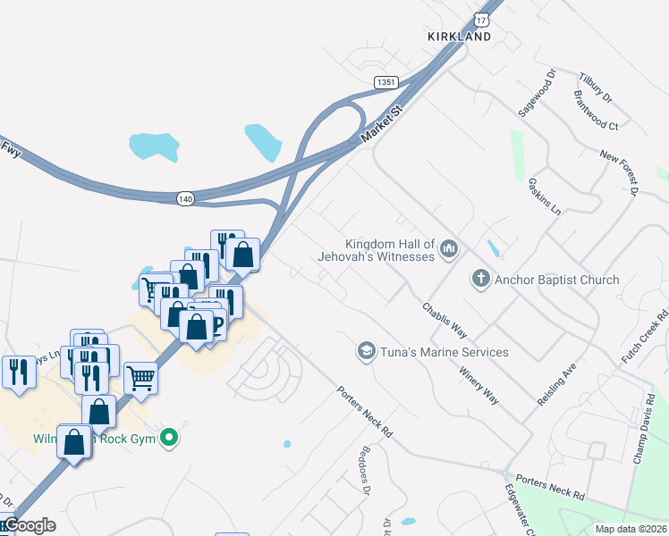 map of restaurants, bars, coffee shops, grocery stores, and more near 308 Chablis Way in Wilmington