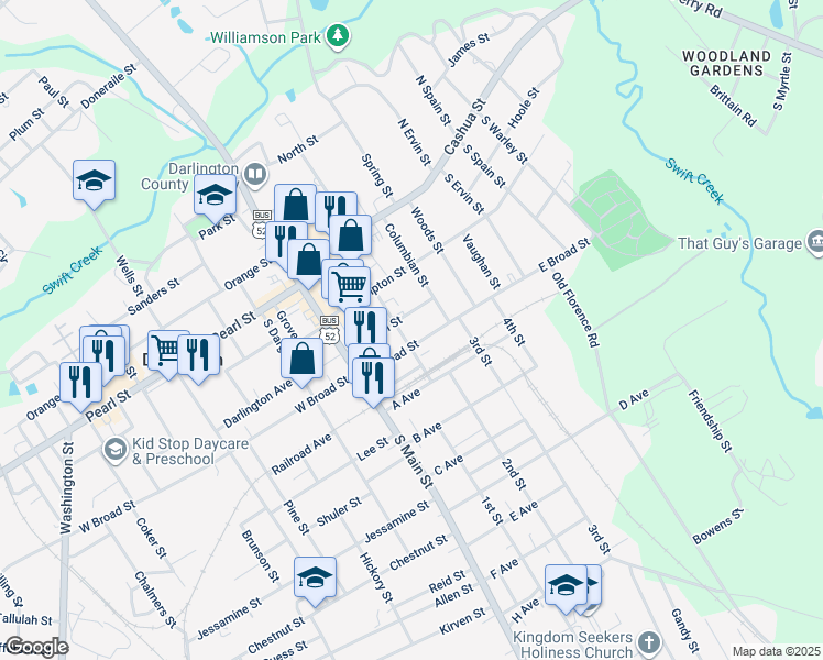 map of restaurants, bars, coffee shops, grocery stores, and more near 347 Russell Street in Darlington