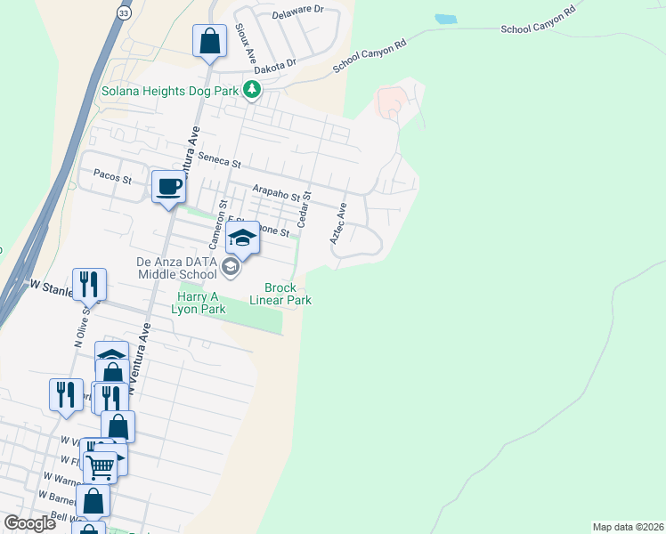 map of restaurants, bars, coffee shops, grocery stores, and more near 2277 Cayuse Lane in Ventura