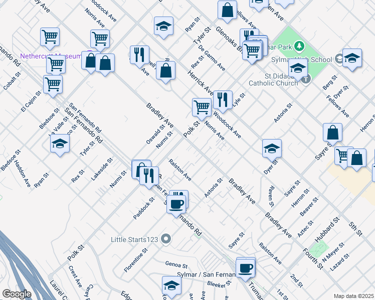 map of restaurants, bars, coffee shops, grocery stores, and more near 12754 Bradley Avenue in Los Angeles
