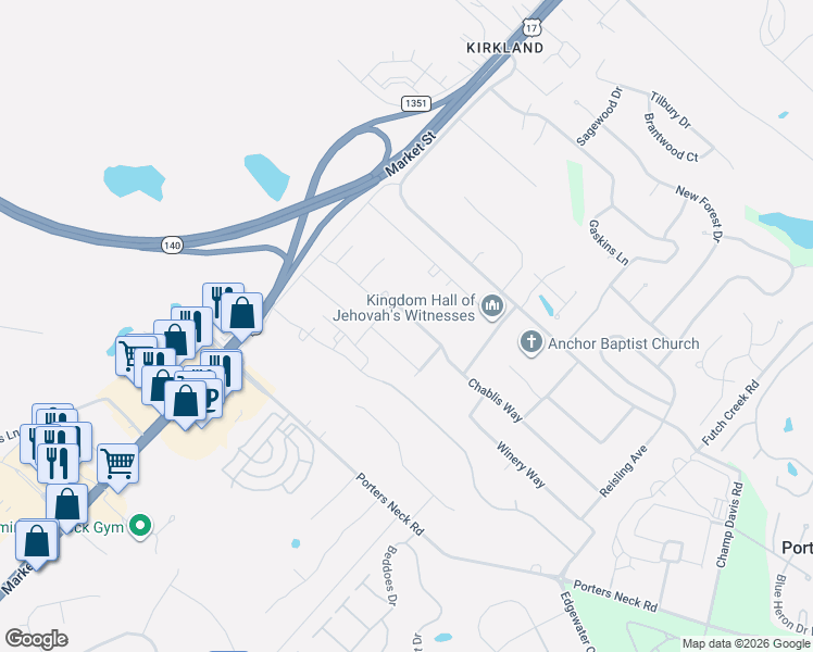 map of restaurants, bars, coffee shops, grocery stores, and more near 408 Chablis Way in Wilmington