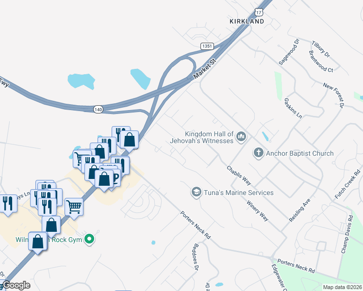 map of restaurants, bars, coffee shops, grocery stores, and more near 308 Chablis Way in Wilmington