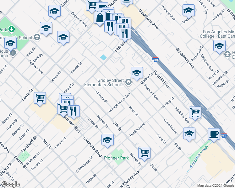 map of restaurants, bars, coffee shops, grocery stores, and more near 1930 Knox Street in San Fernando
